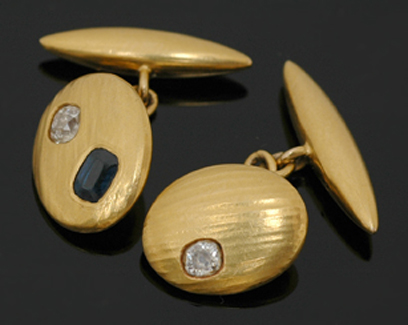 Appraisal: A pair of Swedish sapphire and diamond cufflinks Of oval