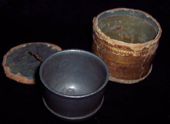 Appraisal: A pewter bleeding bowl with leather case possibly th Century