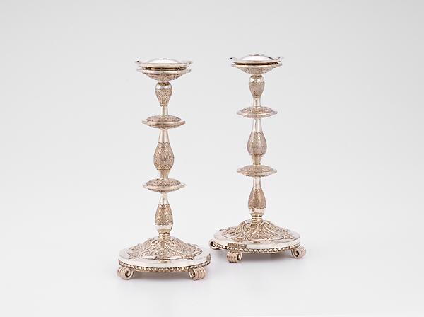 Appraisal: JUDAICA STERLING CEREMONIAL CANDLESTICKS th century Pair of baluster-shaped candlesticks