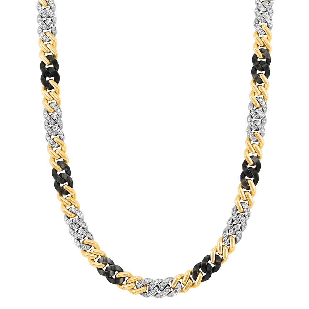 Appraisal: Long Two-Color Gold Oxidized Steel and Diamond Curb Link Chain