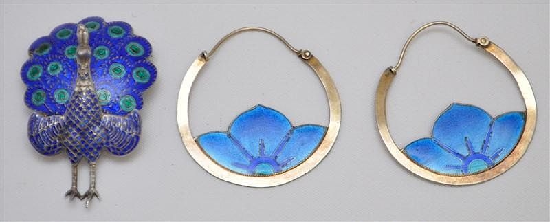 Appraisal: PC ENAMELED STERLING SILVER PEACOCK LOTUS EARRINGS - Vintage Enameled