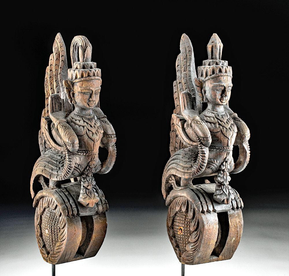 Appraisal: Pair of th C Burmese Loom Wood Pulleys w Kinnara