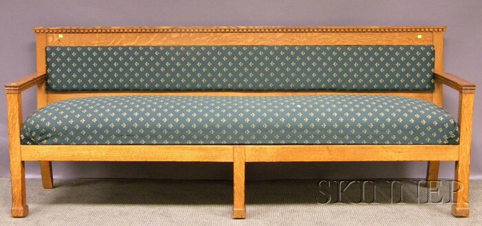 Appraisal: Early th Century Upholstered Quarter-sawn Oak Bench approx lg in