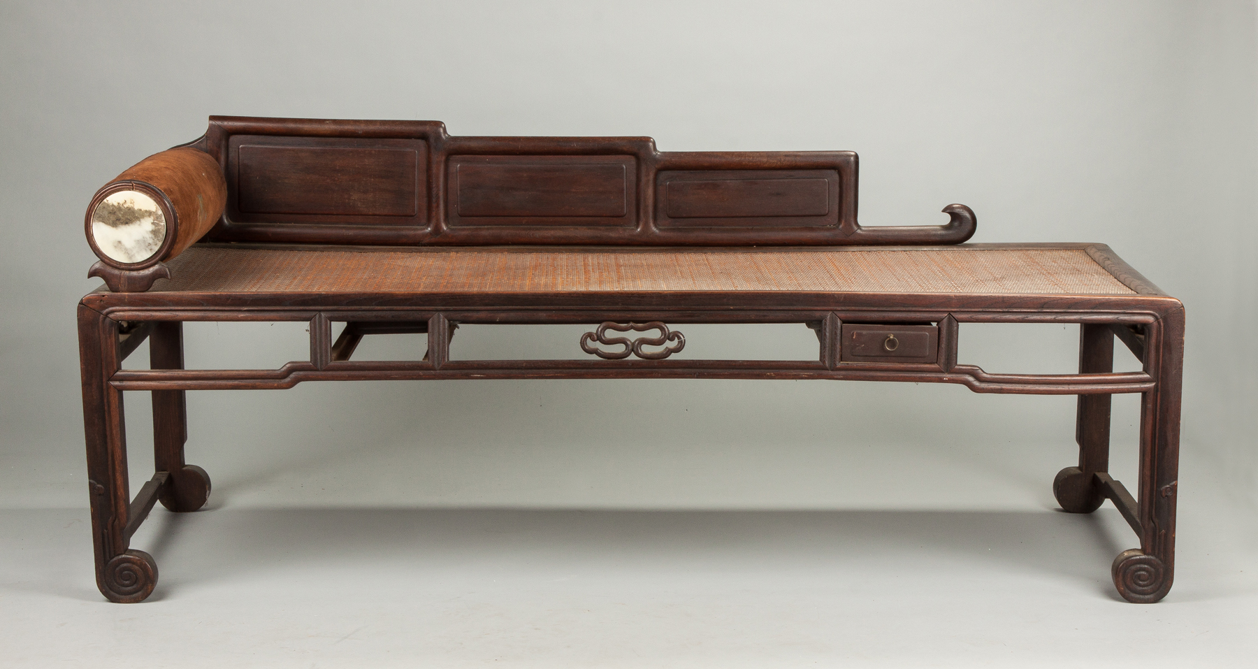 Appraisal: Chinese Sofa th cent Cane seat soapstone inlay on arm