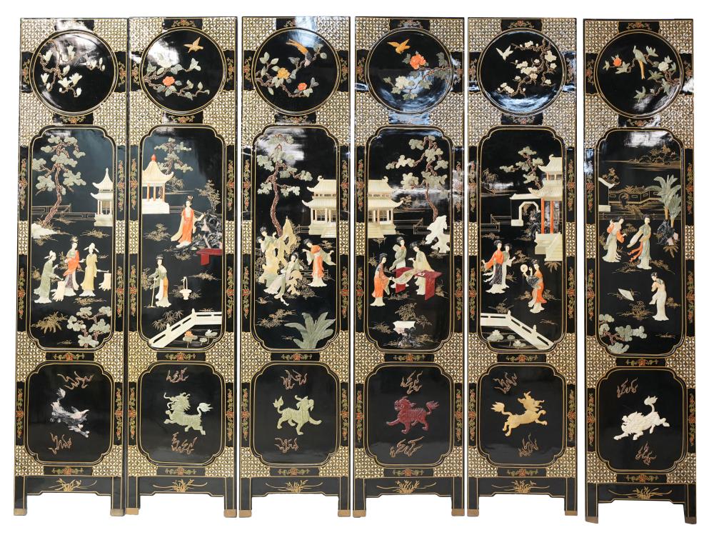 Appraisal: CHINESE SIX-PANEL SCREENcontemporary lacquered wood with inlaid shell and applied