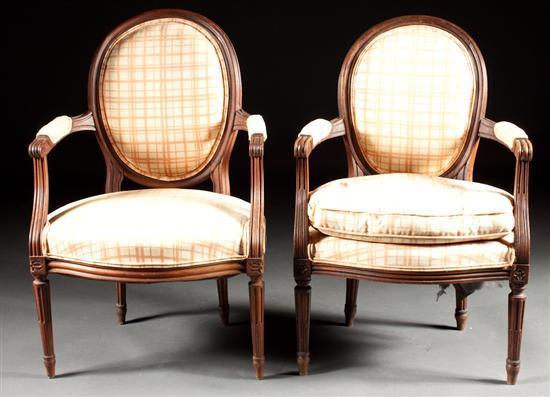 Appraisal: Pair of Louis XVI style carved beechwood upholstered armchairs th