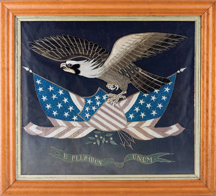 Appraisal: SILK NEEDLEWORK PICTURE OF A SPREADWING EAGLE ABOVE STARS AND