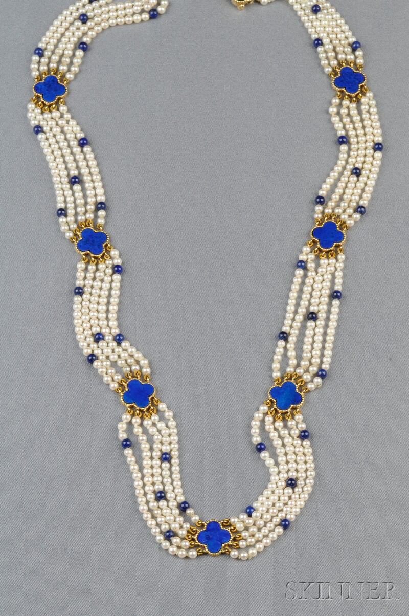 Appraisal: kt Gold Lapis and Cultured Pearl Necklace Van Cleef Arpels