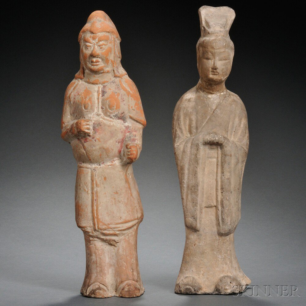 Appraisal: Two Pottery Tang-style Standing Figures China a soldier and an