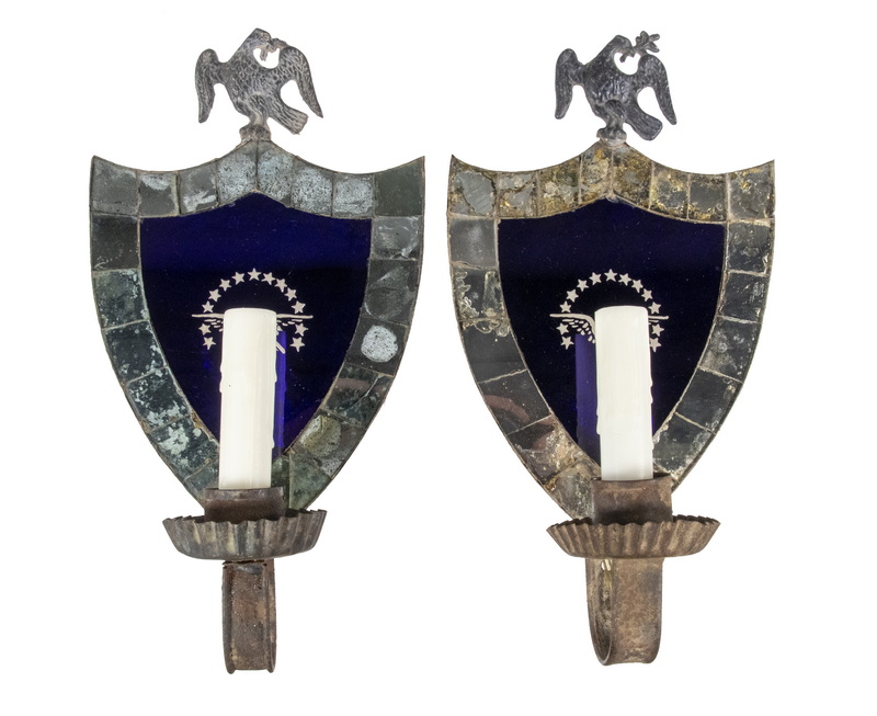 Appraisal: PR FEDERAL SHIELDBACK WALL SCONCES WITH EAGLES Pair of c