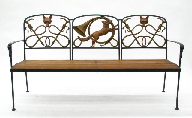 Appraisal: Cast Iron Bench with Wood Seat Fox Hunt themed castings