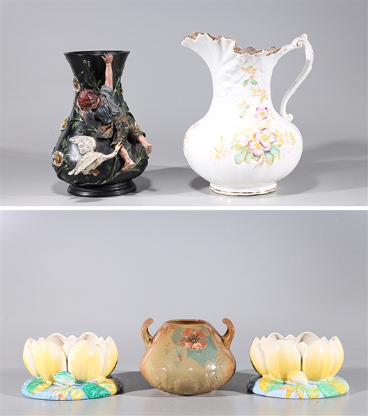 Appraisal: Group of five European ceramics including gilt porcelain ewer molded