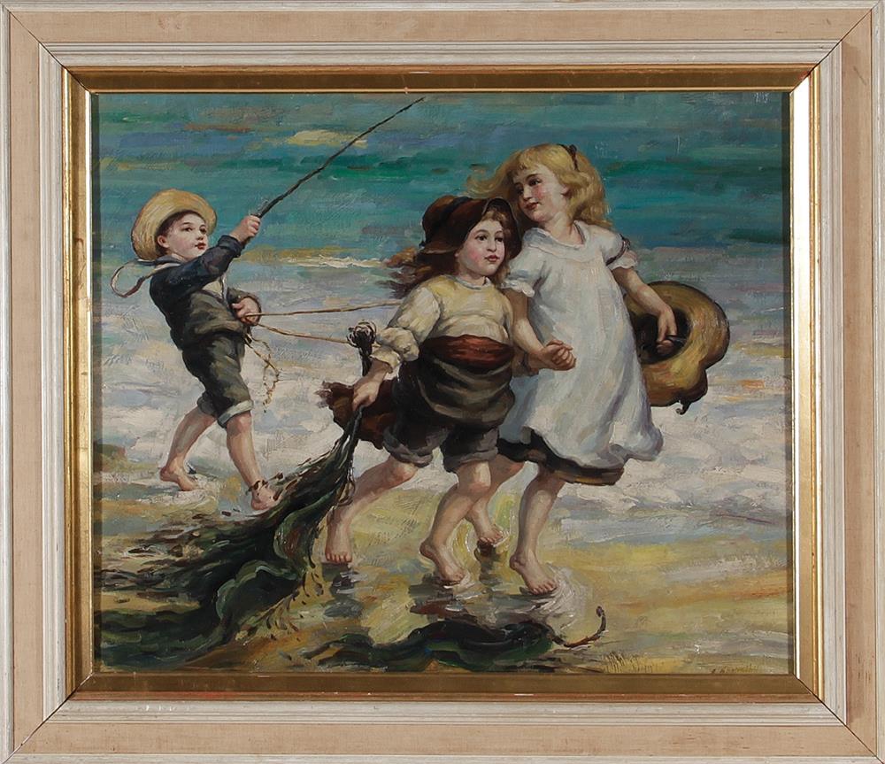 Appraisal: Continental school th century CHILDREN PLAYING ON BEACH oil on