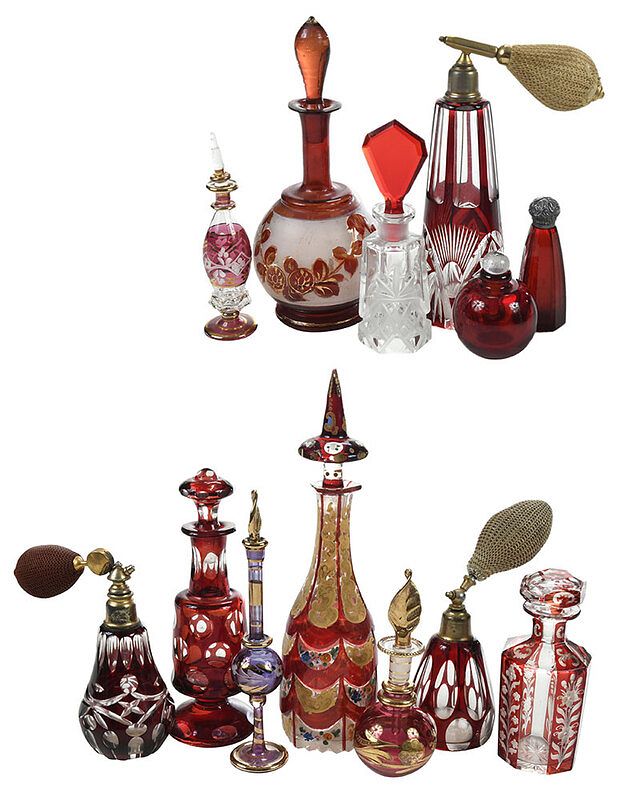 Appraisal: Assorted Red and Pink Glass Perfume Bottles Continental th th