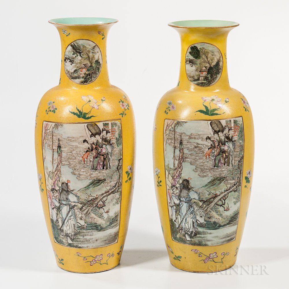 Appraisal: Pair of Tall Famille Jaune Sgraffito Vases Pair of Tall