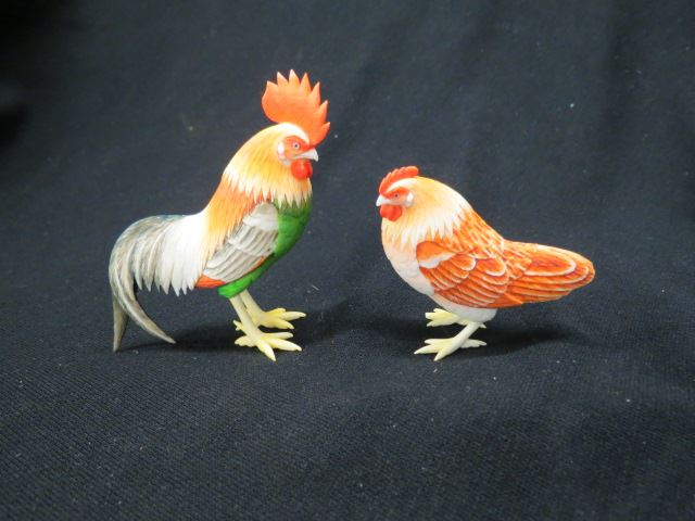 Appraisal: Chinese Carved Ivory Rooster Hen colorful polychrome tallest is excellent