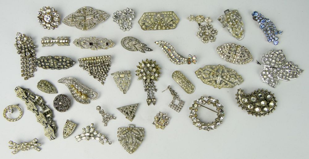 Appraisal: LARGE LOT OF VINTAGE SILVERTONE MARCASITE JEWELRY Clips brooches and