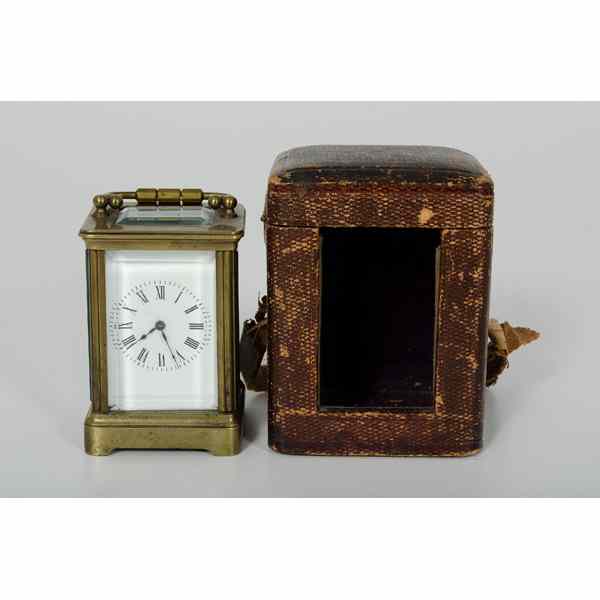 Appraisal: French Miniature Carriage Clock with Case French ca Brass travel