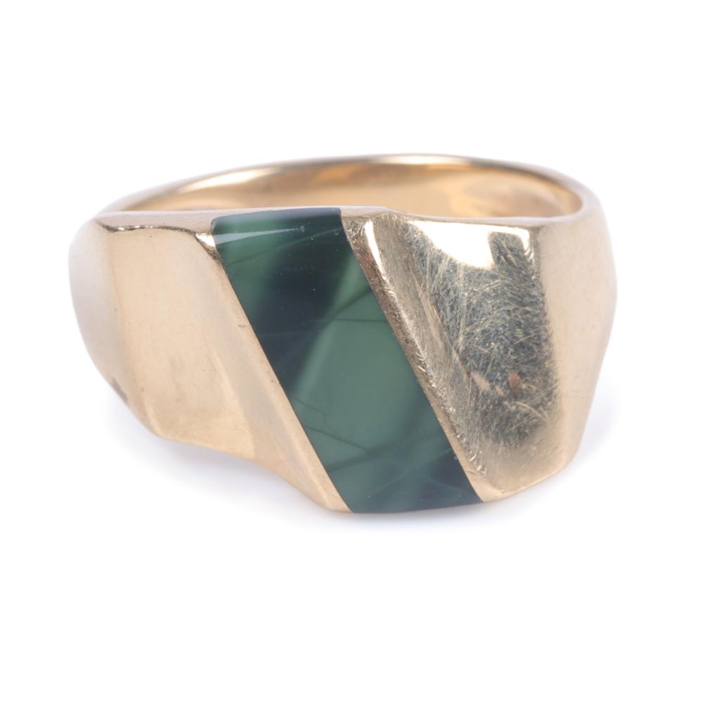 Appraisal: Modernist artisan K gold asymmetrical ring with inlaid green stone