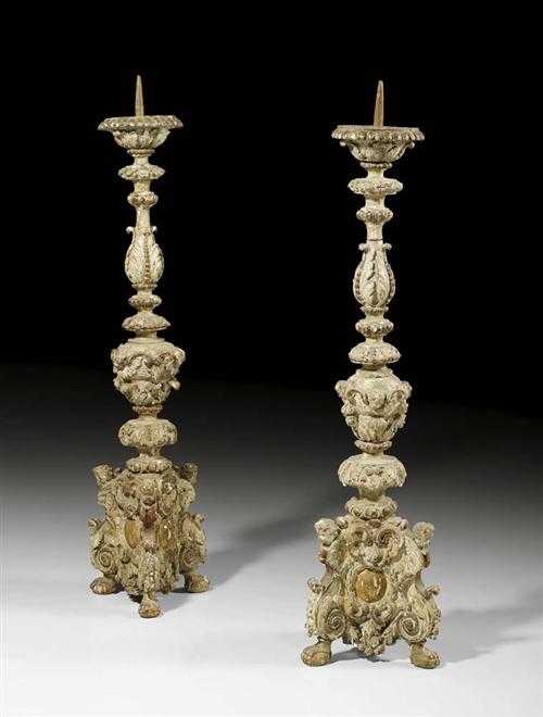 Appraisal: PAIR OF PAINTED CANDLE HOLDERS Baroque German th century Richly