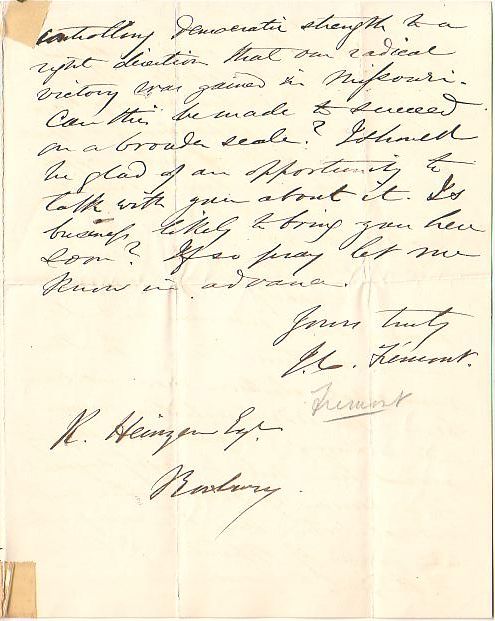 Appraisal: FREMONT JOHN C Autograph Letter Signed to Karl Heinzen discussing