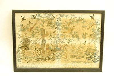 Appraisal: A silkwork picture of exotic birds within an aquatic landscape