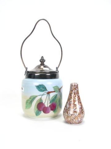 Appraisal: White Opaque Glass hand painted biscuit jar with silver plated