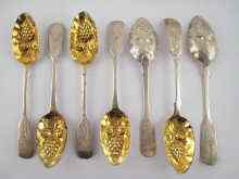 Appraisal: Five silver Georgian fiddle ''berry'' teaspoons with gilt bowls George