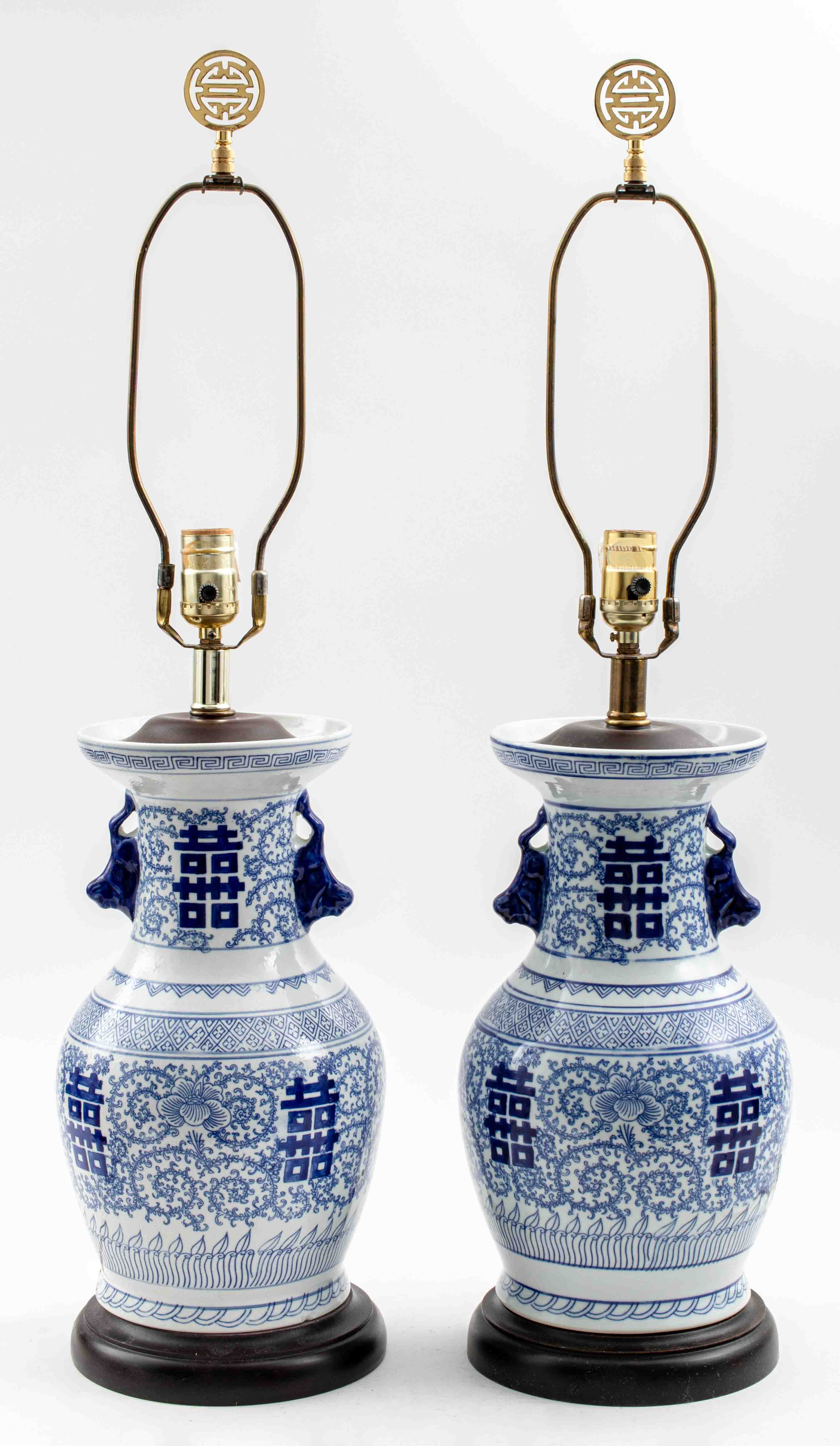 Appraisal: CHINESE PORCELAIN DOUBLE HAPPINESS LAMPS PAIR Chinese porcelain double happiness