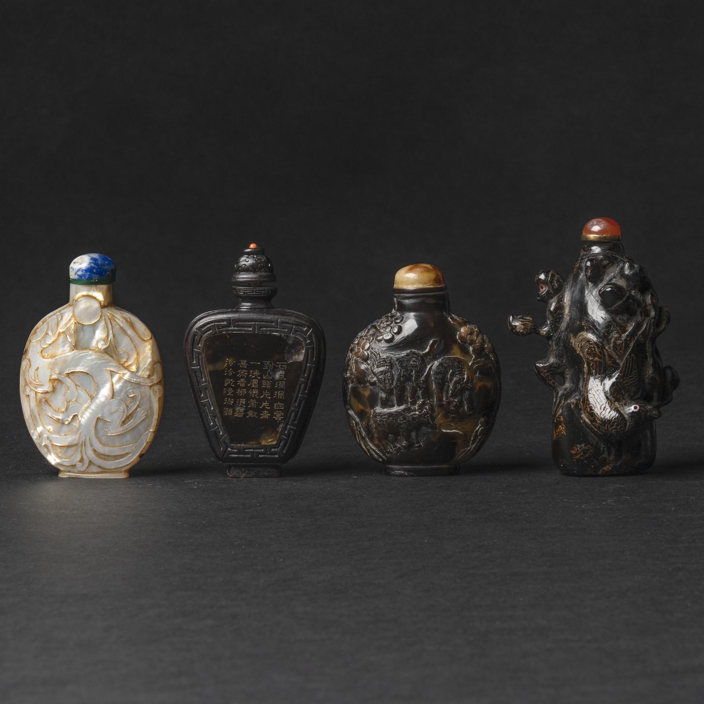 Appraisal: Two Tortoiseshell Snuff Bottles Together With Two Black Coral and