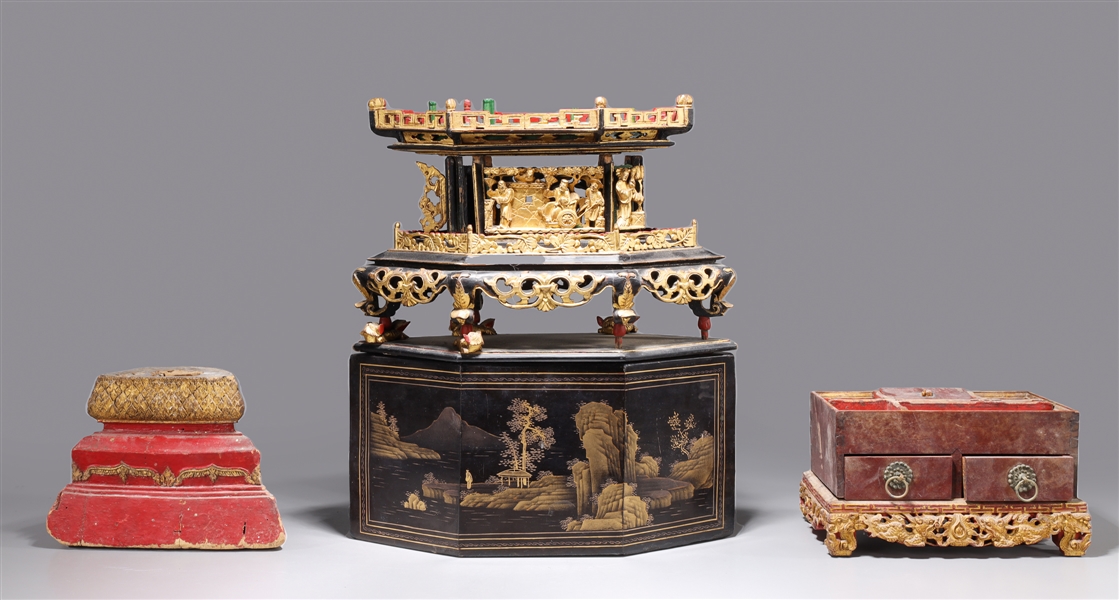 Appraisal: Group of various Chinese wood objects including red lacquered base