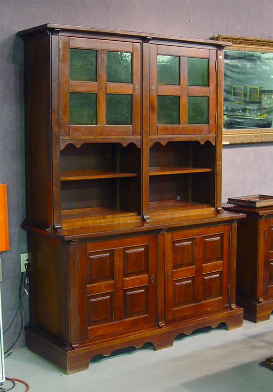 Appraisal: Global Cherry Stepback Hutch th Century Two green glazed doors