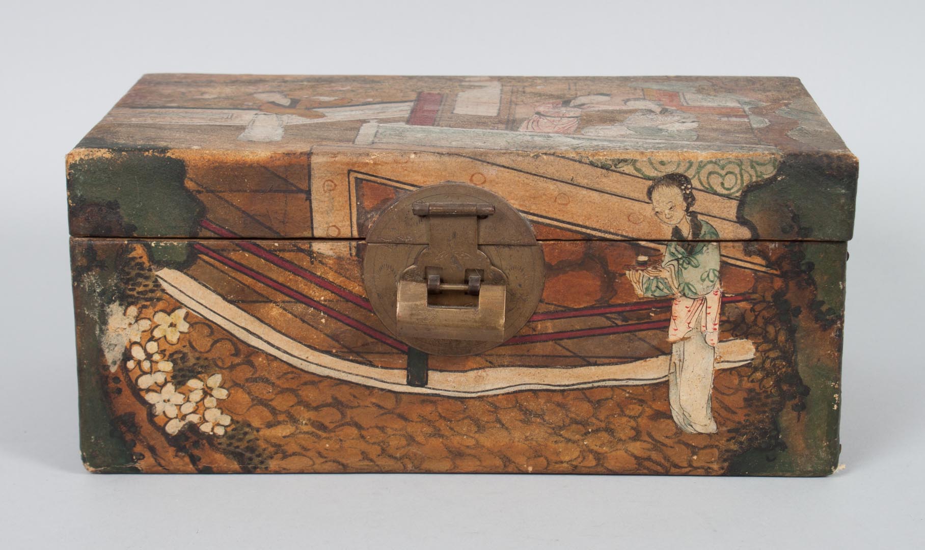 Appraisal: Chinese painted leather covered box early th century figure and