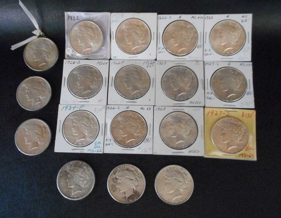 Appraisal: EIGHTEEN U S PEACE TYPE SILVER DOLLARS -P -S -P