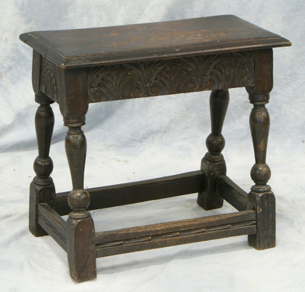 Appraisal: English oak Jacobean joint stool with carved detail and stretcher