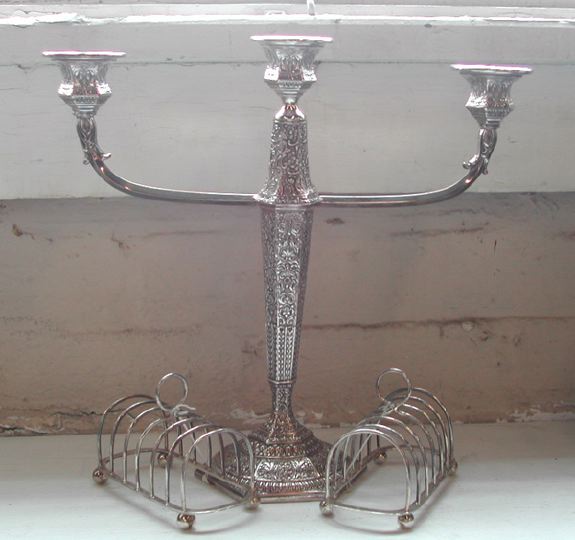 Appraisal: Silverplate Candelabrum and Pair of Sterling Silver Toast Racks the