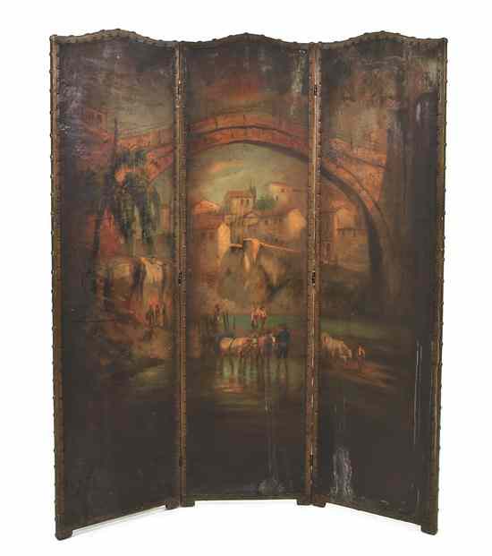 Appraisal: A Continental Painted Leather Three-Panel Floor Screen each rectangular panel