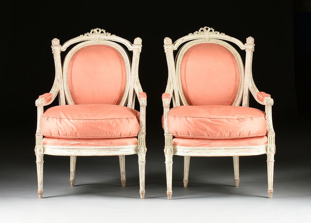 Appraisal: A PAIR OF LOUIS XVI STYLE WHITE PAINTED WOOD AND