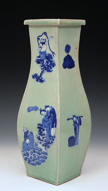 Appraisal: A CHINESE CELADON RECTANGULAR FOUR SIDED VASE with underglaze decoration