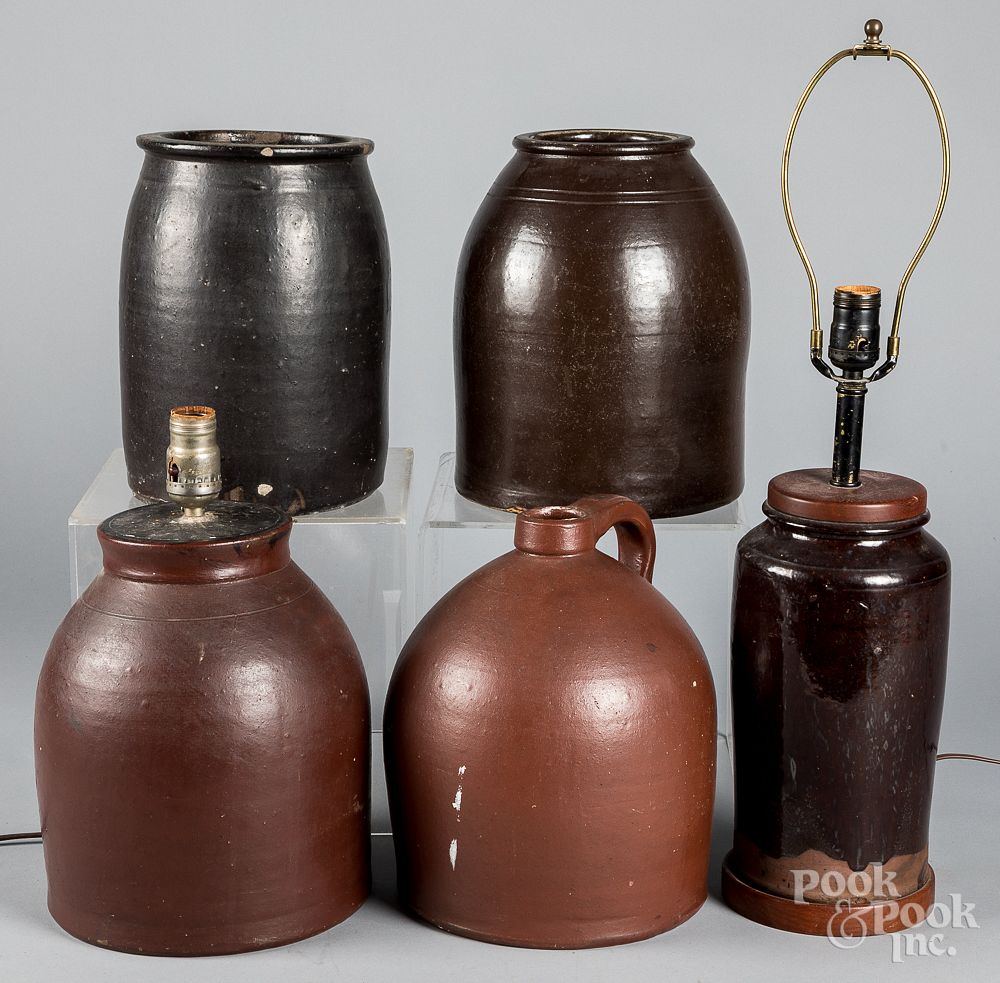 Appraisal: Two redware lamps etc Two redware lamps together with two