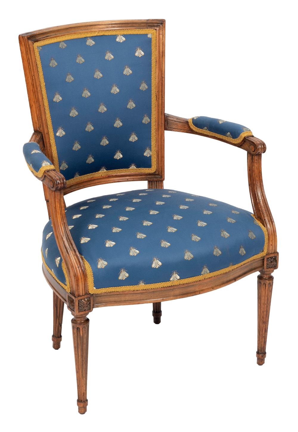 Appraisal: FRENCH LOUIS XVI-STYLE ARMCHAIR th th Century Beechwood frame with