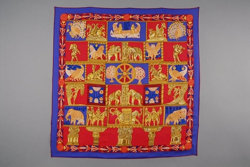 Appraisal: HERMES TORANA PRINTED SILK SCARF ISSUED Figural design with Hindu