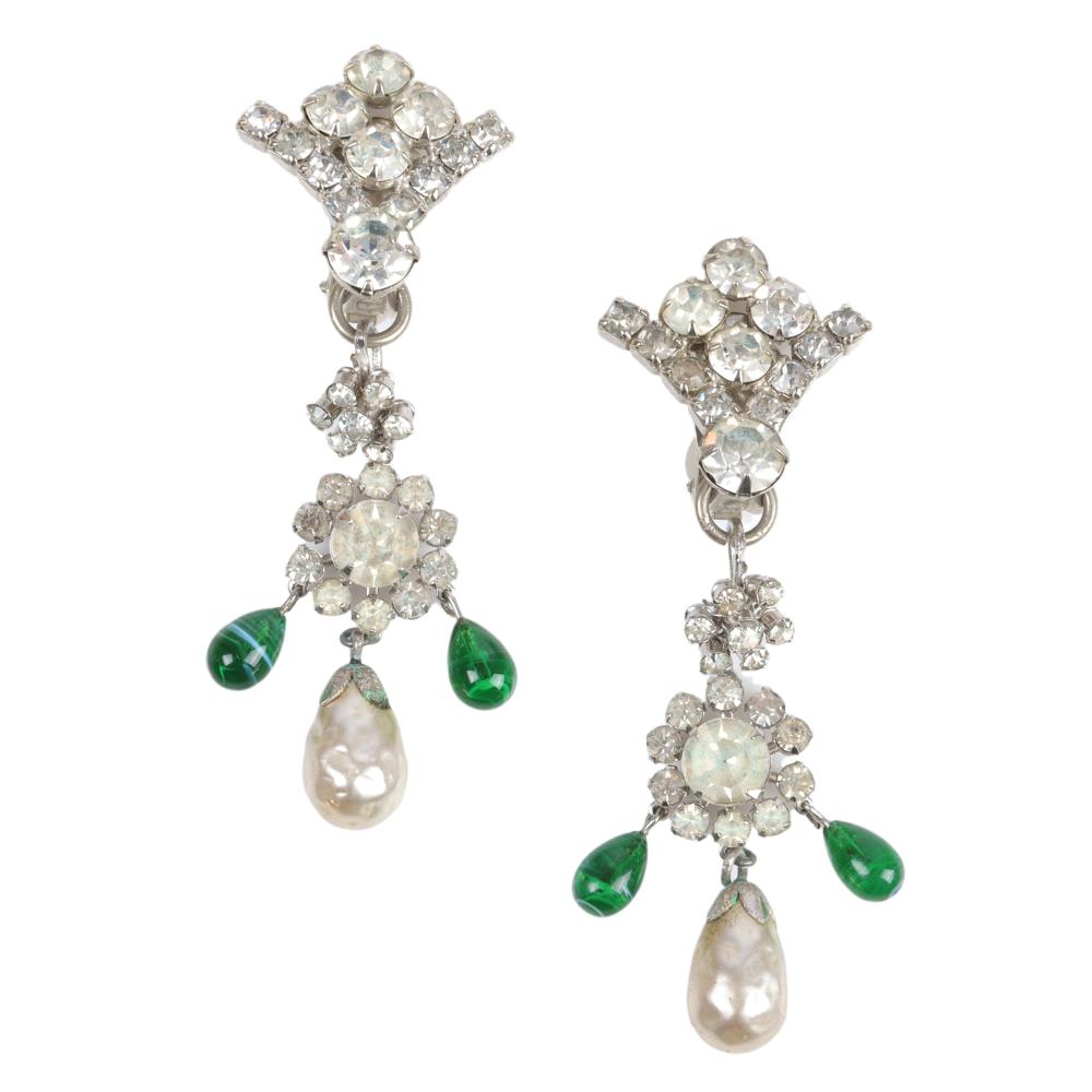 Appraisal: SCHREINER VERIFIED DIAMANTE CHANDELIER EARRINGS GREEN ART GLASS AND LARGE