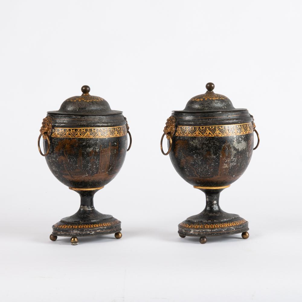 Appraisal: TH C ENGLISH REGENCY TOLE CHESTNUT URNS PAIR A matching