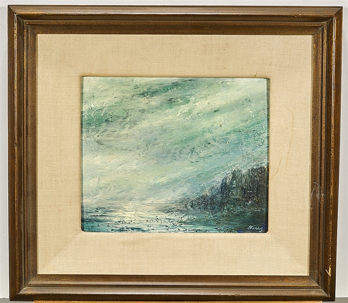 Appraisal: Three illegibly signed artworks including a semi-abstract coastal scene and