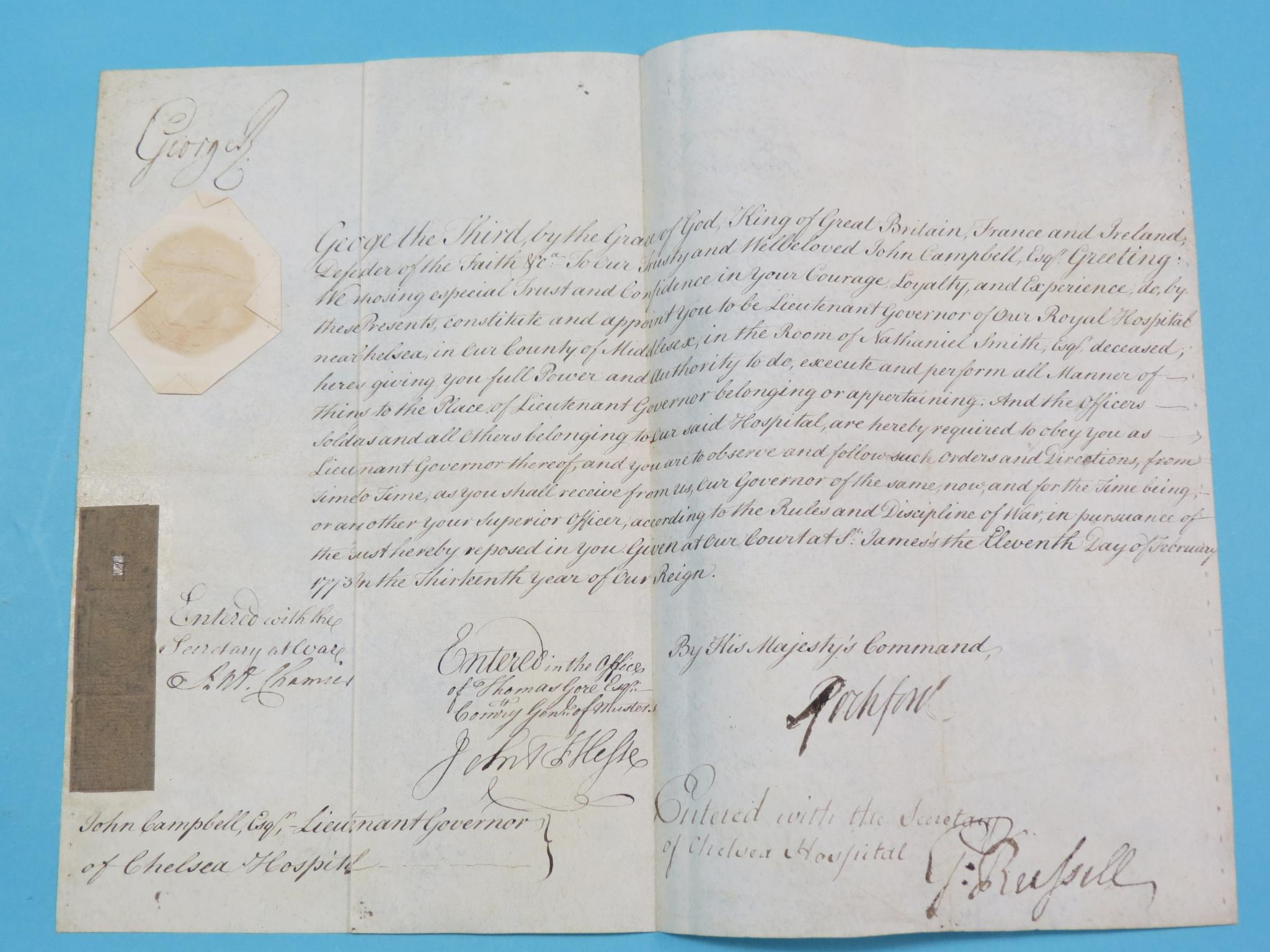 Appraisal: King George III signed document with seal - appointment of