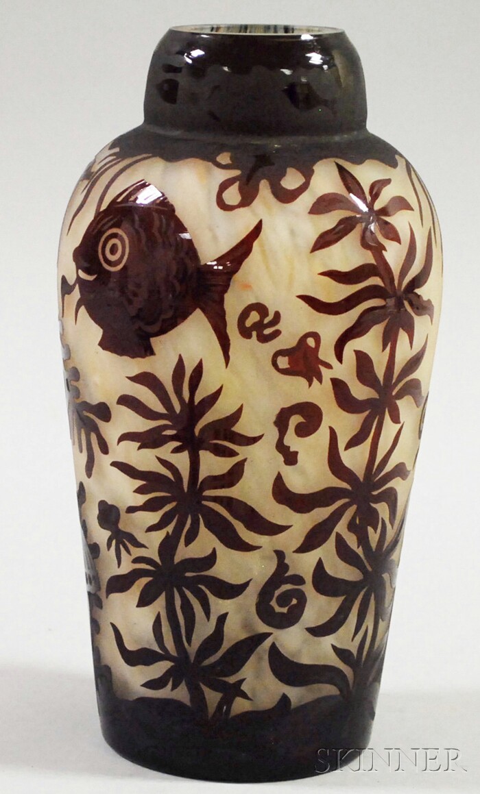 Appraisal: R Krasne Etched Ruby Acid-cut to Opaque Art Glass Vase