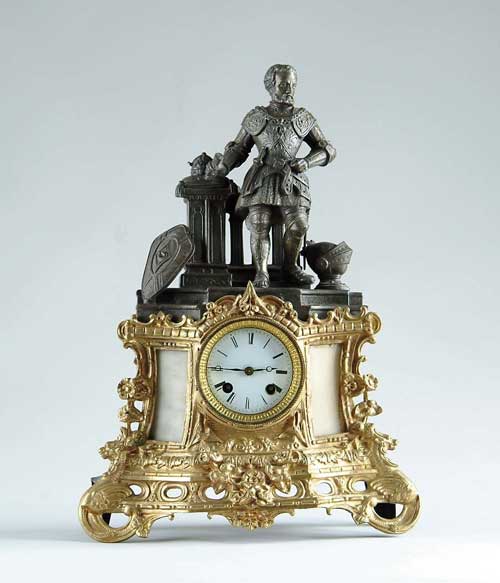 Appraisal: FIGURAL BRASS AND METAL MANTLE CLOCK Figure of a knight