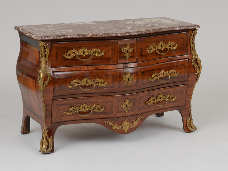 Appraisal: EARLY LOUIS XV ORMOLU-MOUNTED KINGWOOD AND TULIPWOOD PARQUETRY COMMODE With