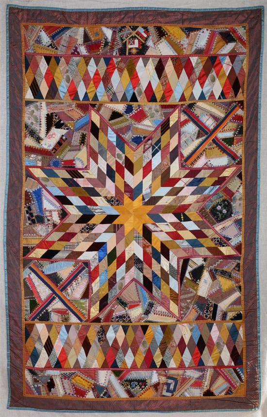 Appraisal: UNUSUAL CIVIL WAR REUNION CRAZY QUILT WITH LONE STAR MEDALLION